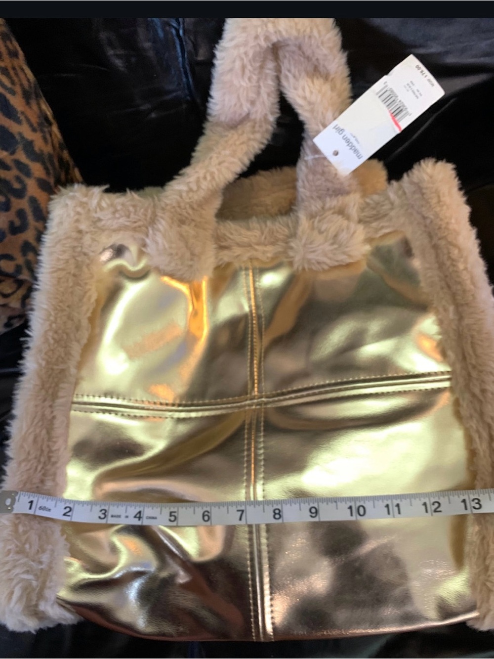 Madden Girl Gold Metallic Hobo with Beige Faux Fur Trim - Picture 7 of 7